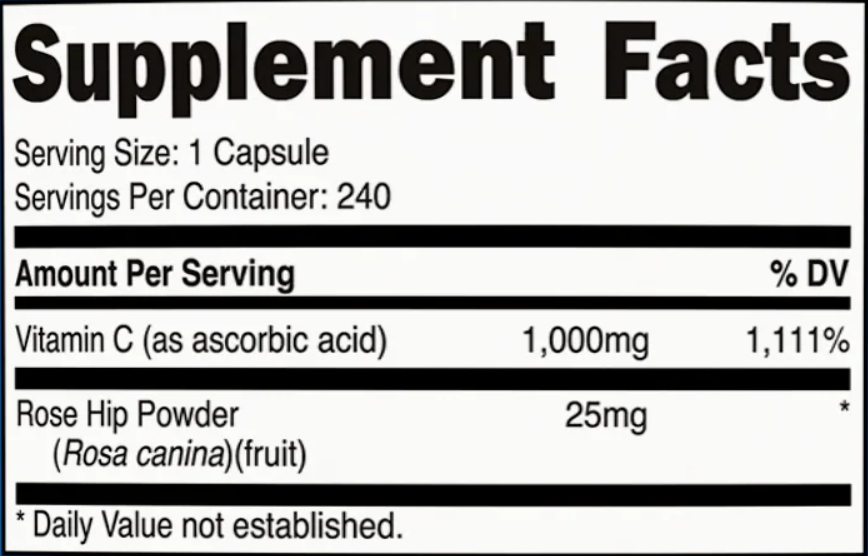 Vitamina C 1,000mg con Rosa Mosqueta 240 Cápsulas Nutricost