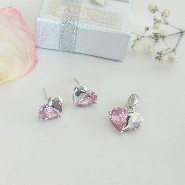 Set de corazón plata 925 y circones rosa