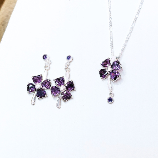 Set trebol de plata 925 con circón amatista