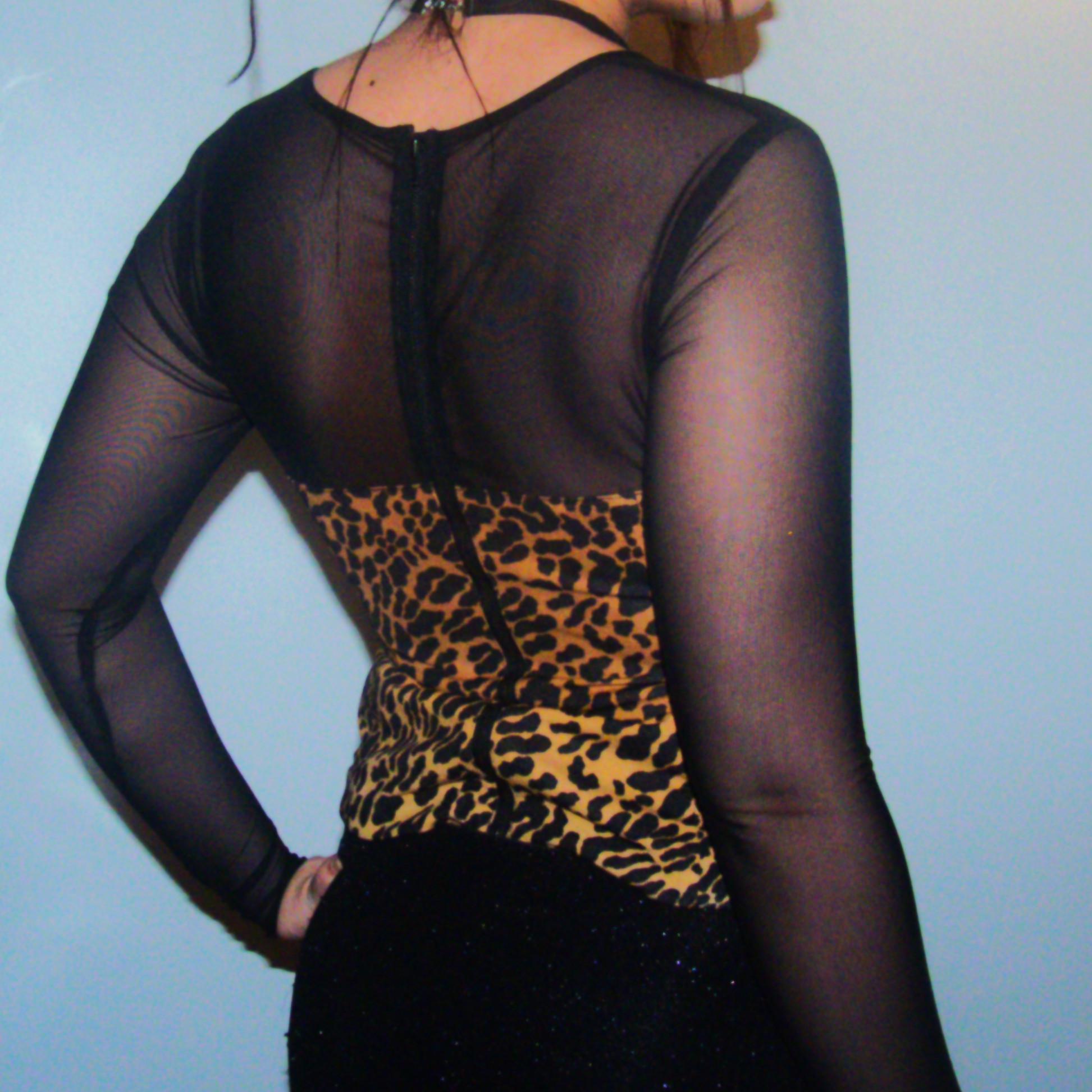 "HUNTRESS": GUESS Mesh and leopard print long-sleeve top