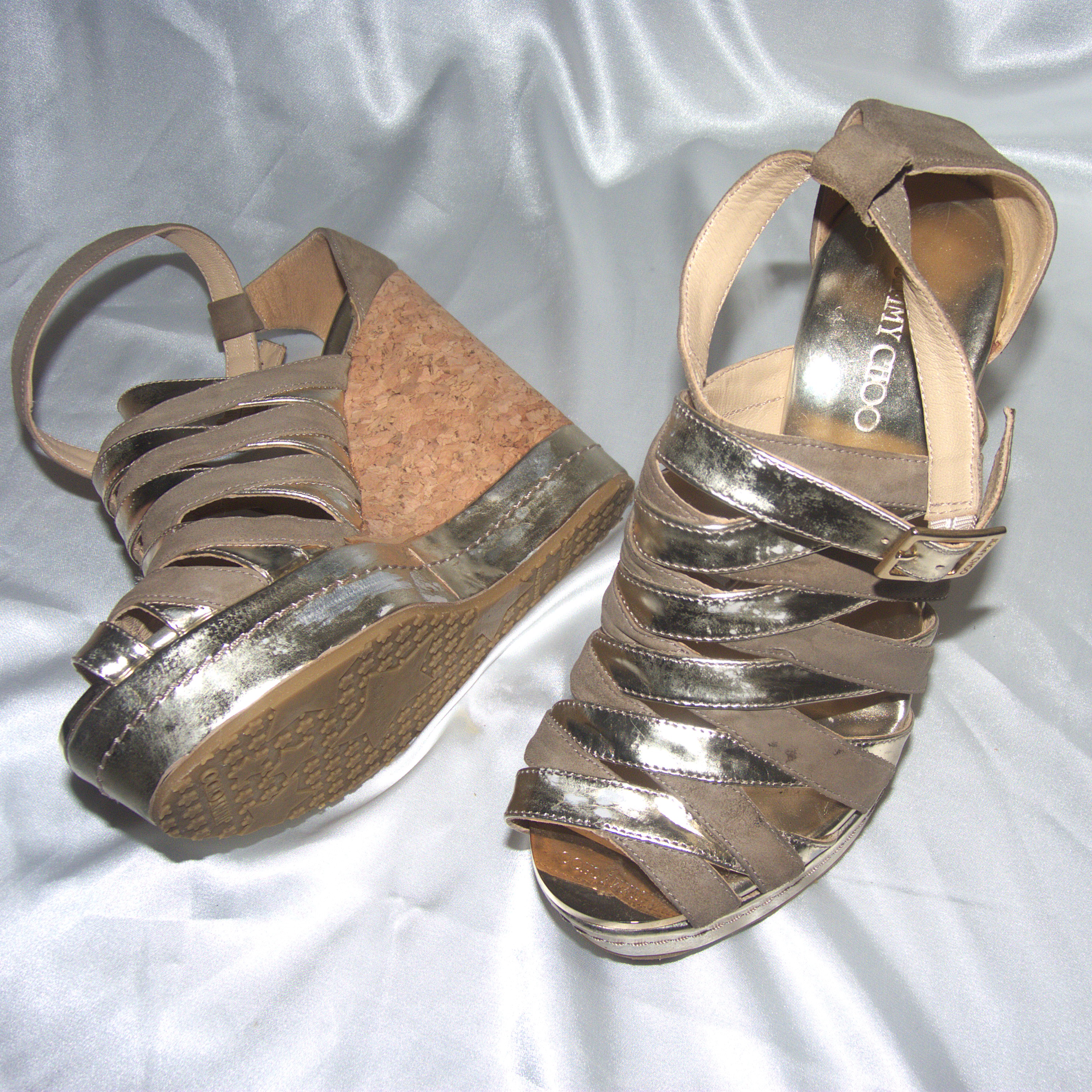 Vintage Jimmy Choo's metallic gold strapped cork wedges