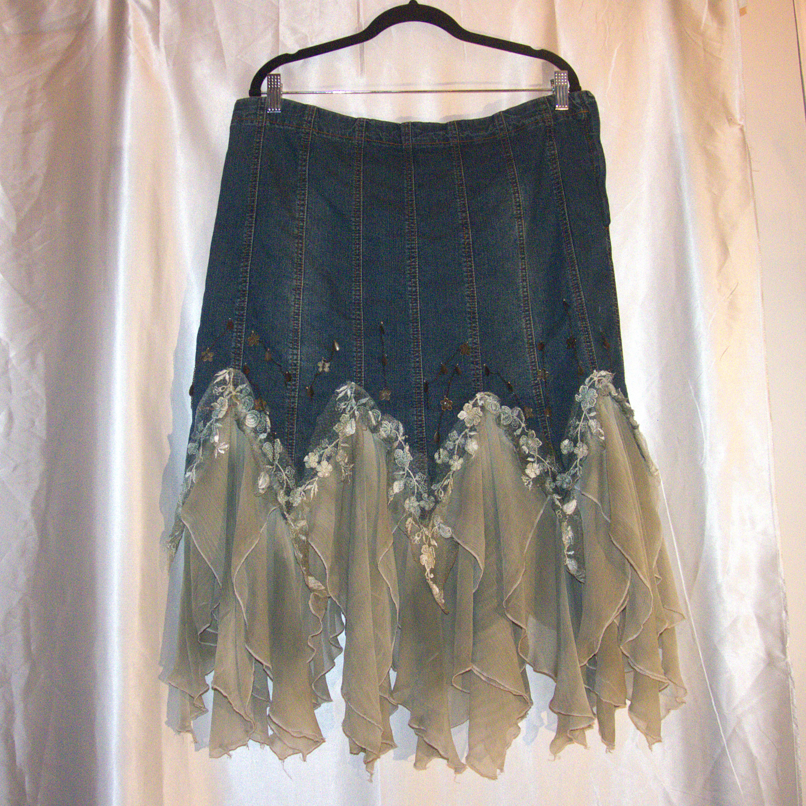 Vintage 2000s Denim and Chiffon Boho Skirt