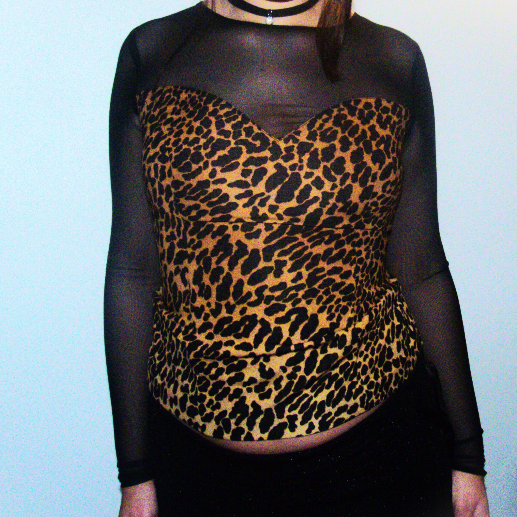 "HUNTRESS": GUESS Mesh and leopard print long-sleeve top