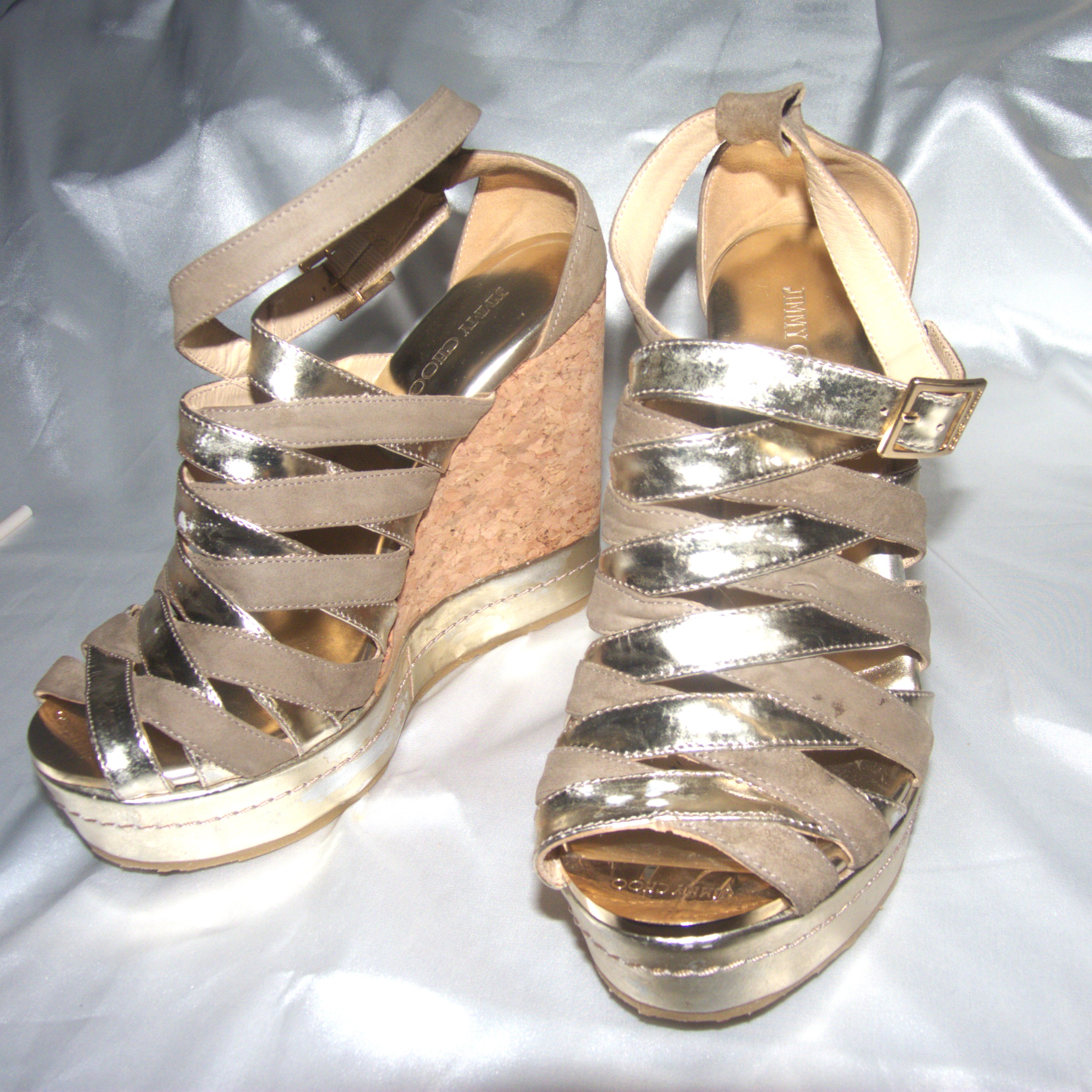 Vintage Jimmy Choo's metallic gold strapped cork wedges