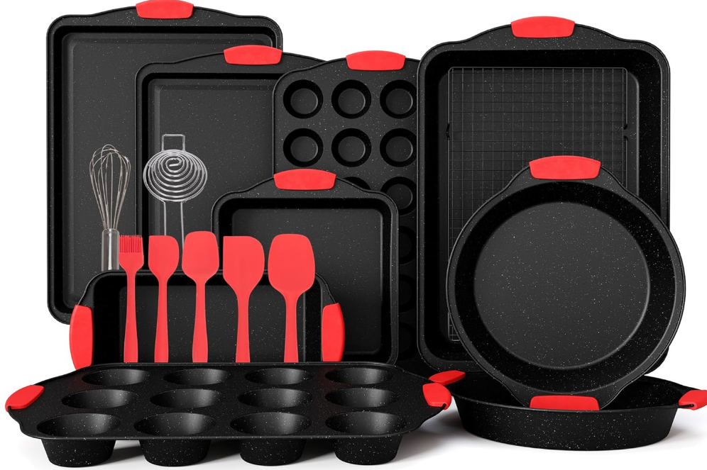 18-Piece Nonstick Carbon Steel Baking Pans Set, Black Stackable Bakeware Sets for Cooking, 500°F Oven Safe, Cookie Sheets, Loaf, Muffin, Pizza, Pie, Round/Square Pans with Silicone Grips