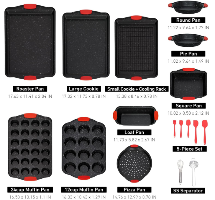 18-Piece Nonstick Carbon Steel Baking Pans Set, Black Stackable Bakeware Sets for Cooking, 500°F Oven Safe, Cookie Sheets, Loaf, Muffin, Pizza, Pie, Round/Square Pans with Silicone Grips