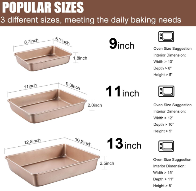 Pans Sets Nonstick,Baking Sheets for Oven,Bakeware Rectangular Cake Pan Set,3 Piece,Gold