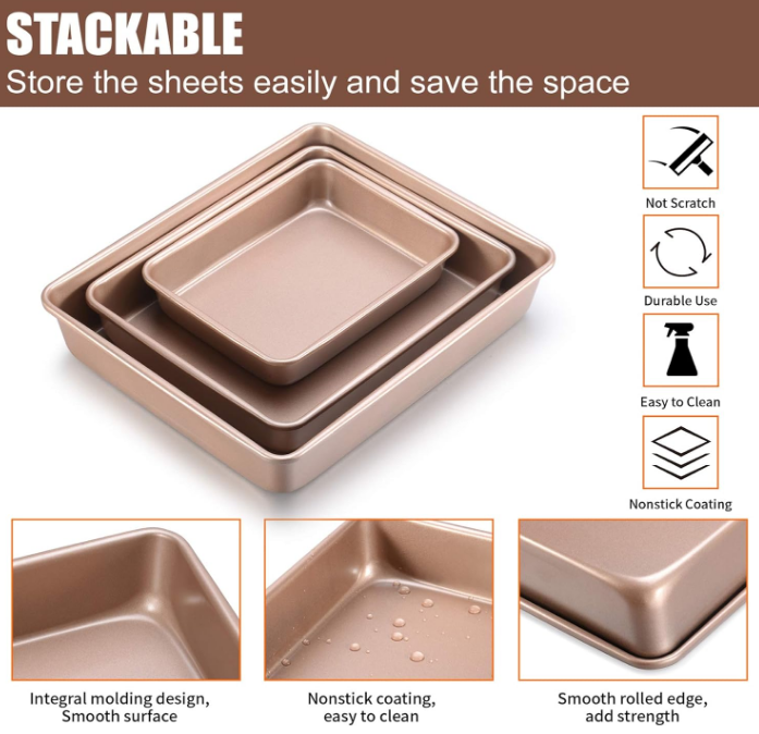 Pans Sets Nonstick,Baking Sheets for Oven,Bakeware Rectangular Cake Pan Set,3 Piece,Gold