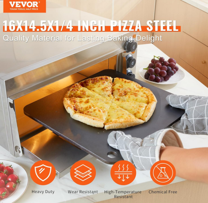 Pizza Steel, 16" x 14.5" x 1/4" Pizza Steel Plate for Oven, Pre-Seasoned Carbon Steel Pizza Baking Stone with 20X Higher Conductivity, Heavy Duty Pizza Pan for Outdoor Grill, Indoor Oven