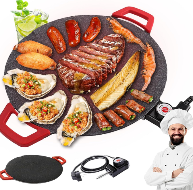 Smokeless Electric BBQ Grill Baking Trays, Korean Pan Nonstick Cooking Griddle Pan Pancake Maker, Medical Stone Coating 5 Level Temperature Control, Rapid Heat Up 14.2 In