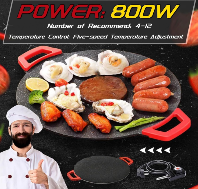 Smokeless Electric BBQ Grill Baking Trays, Korean Pan Nonstick Cooking Griddle Pan Pancake Maker, Medical Stone Coating 5 Level Temperature Control, Rapid Heat Up 14.2 In