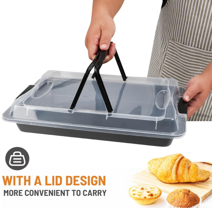Ceramic-Coated Non-Stick Baking Pan with Carry Lid, 17inchx12inch Rectangular Cookie Sheets for Baking, Easy to Clean, Ovan Safe Baking Tray, Ideal for Party, and Outdoor Picnics (Black)