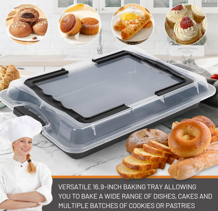 Ceramic-Coated Non-Stick Baking Pan with Carry Lid, 17inchx12inch Rectangular Cookie Sheets for Baking, Easy to Clean, Ovan Safe Baking Tray, Ideal for Party, and Outdoor Picnics (Black)