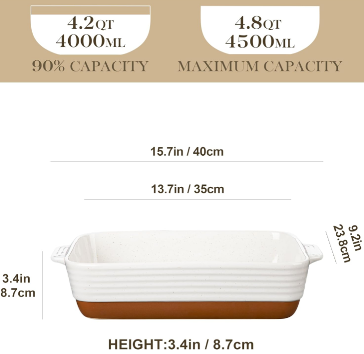 4.8 Quarts Ceramic Baking Dish with Handles, 9 x 13 Inches Casserole Dish, Deep Rectangular Lasagna Pan, Khaki & White Oven Safe Bakeware for Baking, Roasting, Series Tara
