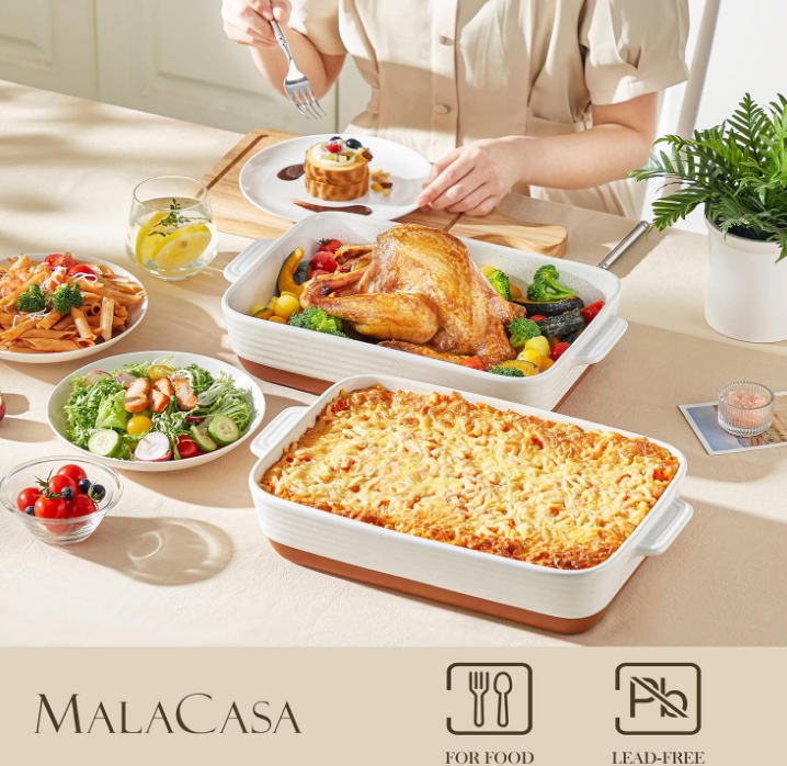 4.8 Quarts Ceramic Baking Dish with Handles, 9 x 13 Inches Casserole Dish, Deep Rectangular Lasagna Pan, Khaki & White Oven Safe Bakeware for Baking, Roasting, Series Tara