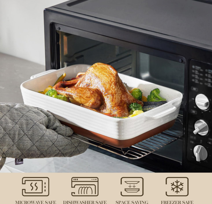 4.8 Quarts Ceramic Baking Dish with Handles, 9 x 13 Inches Casserole Dish, Deep Rectangular Lasagna Pan, Khaki & White Oven Safe Bakeware for Baking, Roasting, Series Tara