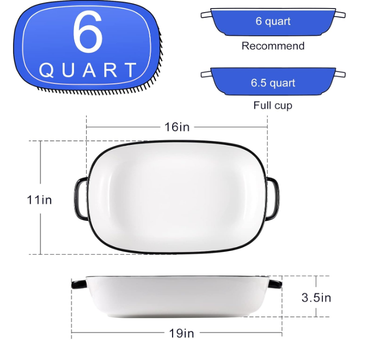 6 Quart Large Rectangular Baking Dish, 16x11 Inches Ceramic Baking Pan Casserole Dish for Cooking,Kitchen and Daily Use, Safe for Oven Microwave Refrigerator Disinfection Cabinet and Dishwasher,White