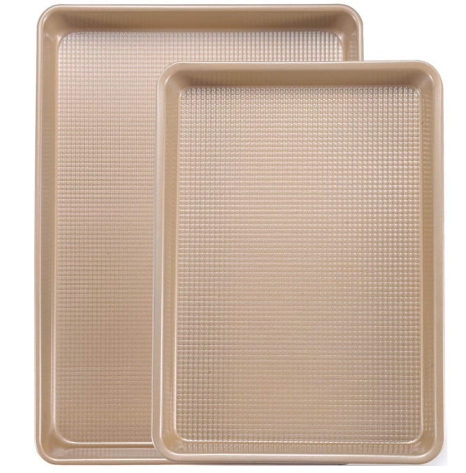 Cookie Sheet Baking Pan Set, Professional Baking Sheet for oven Nonstick, 2 Piece Bakeware Set, 9x13in,10x15in, Textured, Gold