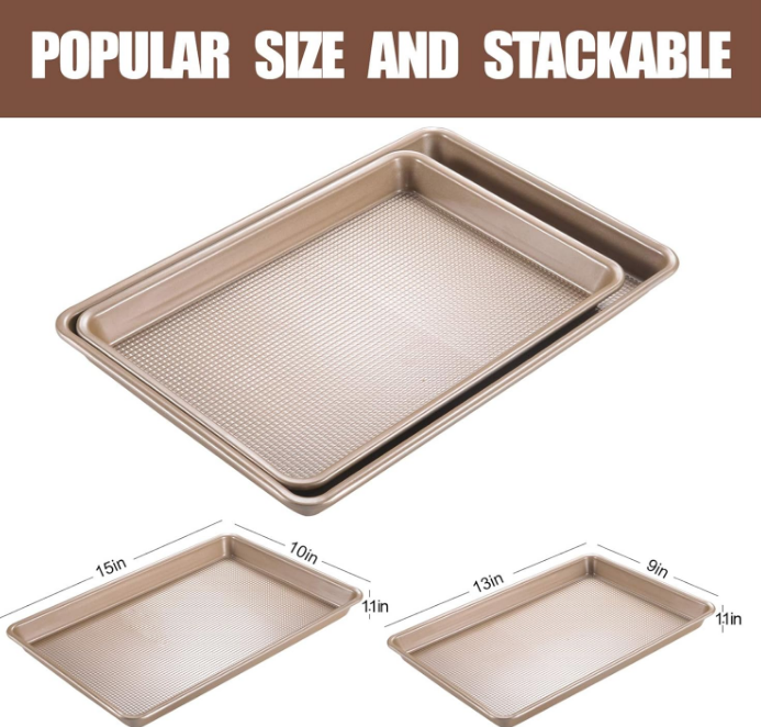 Cookie Sheet Baking Pan Set, Professional Baking Sheet for oven Nonstick, 2 Piece Bakeware Set, 9x13in,10x15in, Textured, Gold