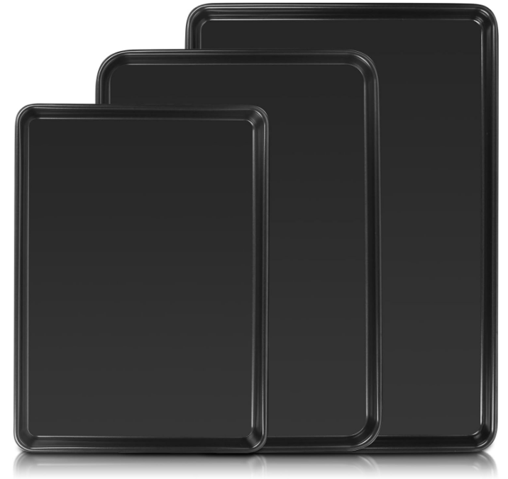 Baking Sheet Pan Set of 3, Commercial Cookie Sheets for Baking, Nonstick Half/Quarter/Jelly Roll Pans Replacement Toaster Oven Tray, Heavy Duty & Easy Clean, Dark Black