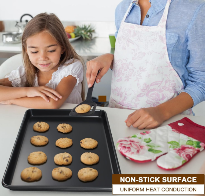 Baking Sheet Pan Set of 3, Commercial Cookie Sheets for Baking, Nonstick Half/Quarter/Jelly Roll Pans Replacement Toaster Oven Tray, Heavy Duty & Easy Clean, Dark Black