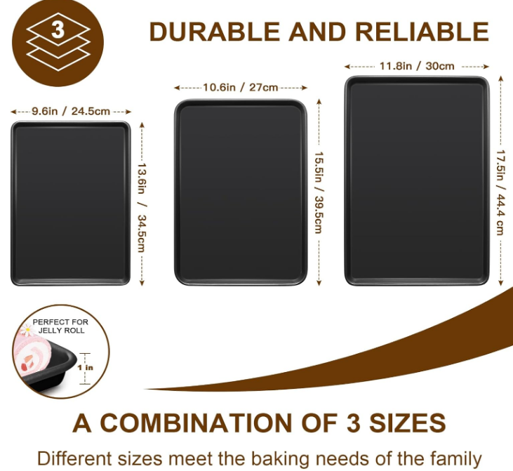 Baking Sheet Pan Set of 3, Commercial Cookie Sheets for Baking, Nonstick Half/Quarter/Jelly Roll Pans Replacement Toaster Oven Tray, Heavy Duty & Easy Clean, Dark Black