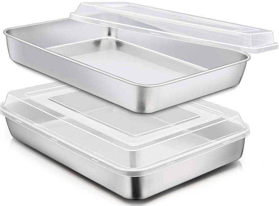 Stainless Steel Baking Pan with Lid, 12⅓ x 9¾ x 2 Inch Rectangle Sheet Cake Pans with Covers Bakeware for Cakes Brownies Casseroles, Non-toxic & Healthy, Heavy Duty & Dishwasher Safe - Set of 2