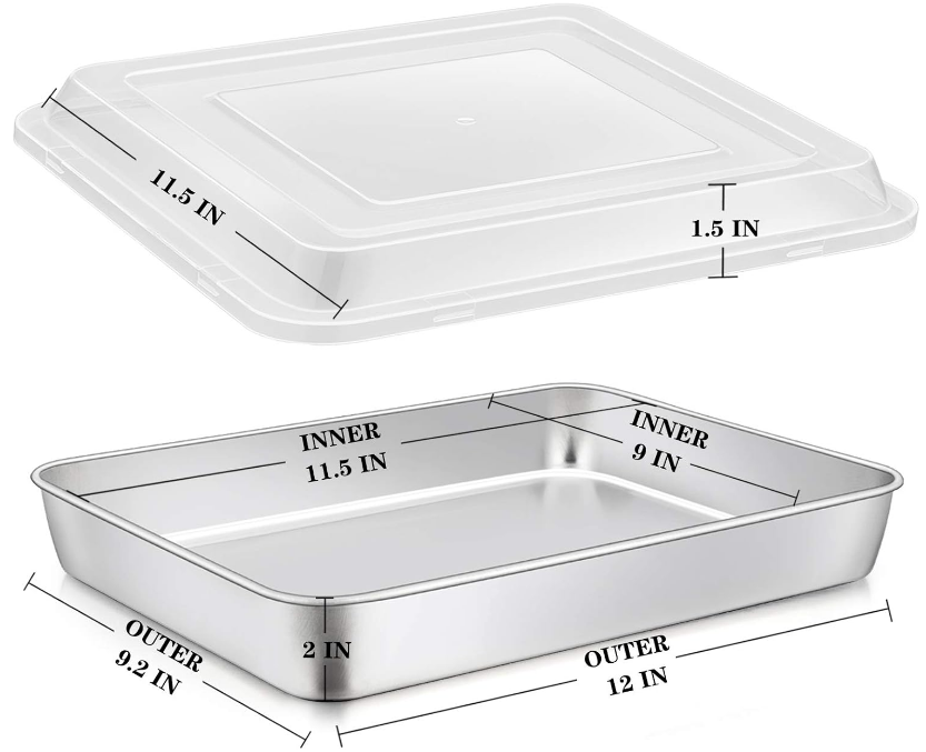 Stainless Steel Baking Pan with Lid, 12⅓ x 9¾ x 2 Inch Rectangle Sheet Cake Pans with Covers Bakeware for Cakes Brownies Casseroles, Non-toxic & Healthy, Heavy Duty & Dishwasher Safe - Set of 2