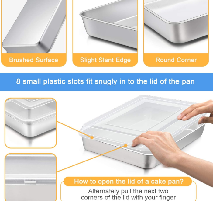 Stainless Steel Baking Pan with Lid, 12⅓ x 9¾ x 2 Inch Rectangle Sheet Cake Pans with Covers Bakeware for Cakes Brownies Casseroles, Non-toxic & Healthy, Heavy Duty & Dishwasher Safe - Set of 2