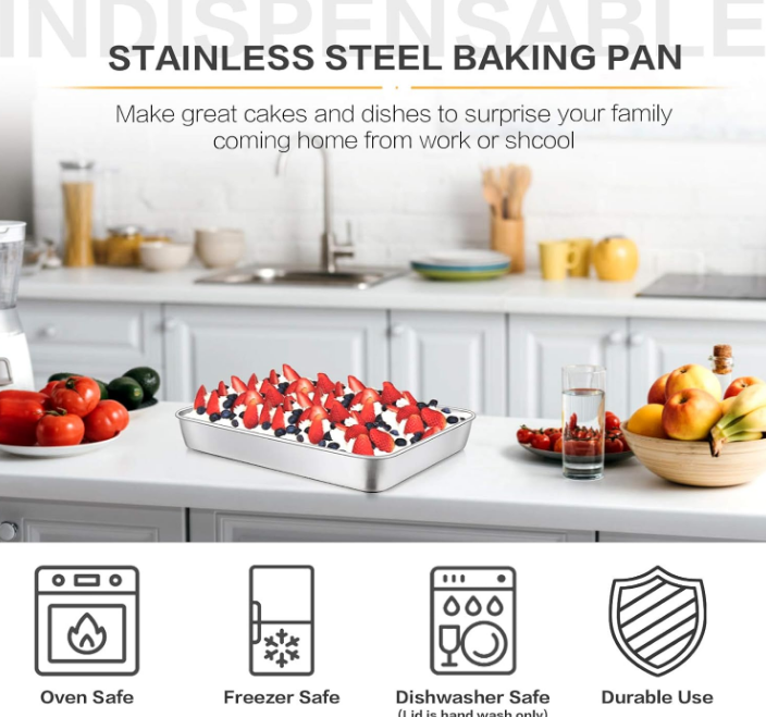 Stainless Steel Baking Pan with Lid, 12⅓ x 9¾ x 2 Inch Rectangle Sheet Cake Pans with Covers Bakeware for Cakes Brownies Casseroles, Non-toxic & Healthy, Heavy Duty & Dishwasher Safe - Set of 2