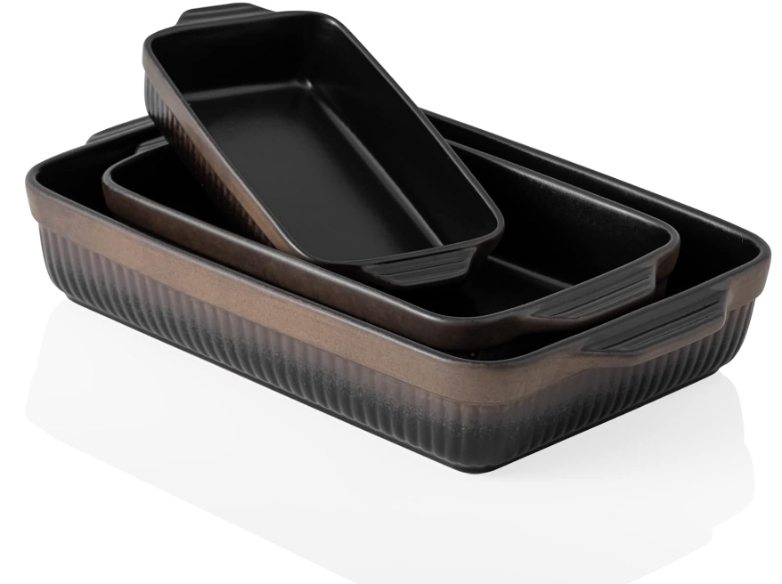Ceramic Baking Dishes, Rectangular Lasagna Pans, Casserole Dishes, Bakeware Set for Cooking, Kitchen, Cake Dinner, 9 x 13 Inches, Stripe Series - Reactive Glazed (Matte Black)