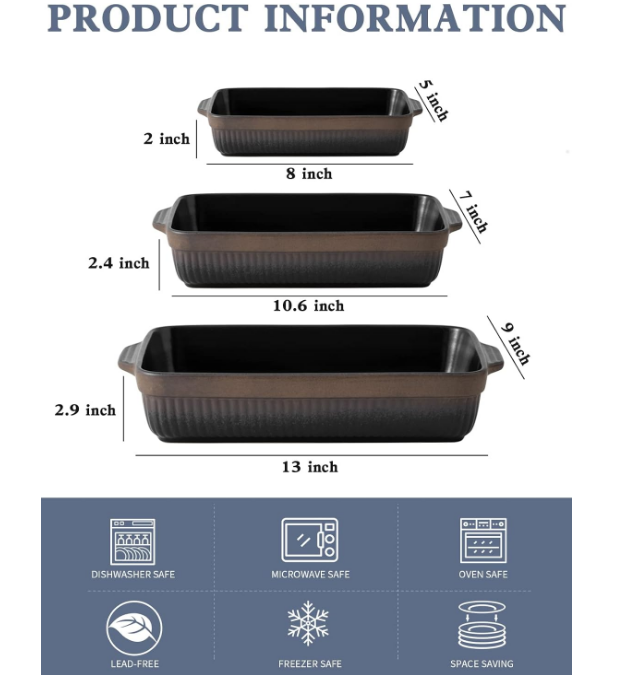 Ceramic Baking Dishes, Rectangular Lasagna Pans, Casserole Dishes, Bakeware Set for Cooking, Kitchen, Cake Dinner, 9 x 13 Inches, Stripe Series - Reactive Glazed (Matte Black)