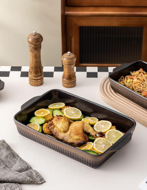 Ceramic Baking Dishes, Rectangular Lasagna Pans, Casserole Dishes, Bakeware Set for Cooking, Kitchen, Cake Dinner, 9 x 13 Inches, Stripe Series - Reactive Glazed (Matte Black)