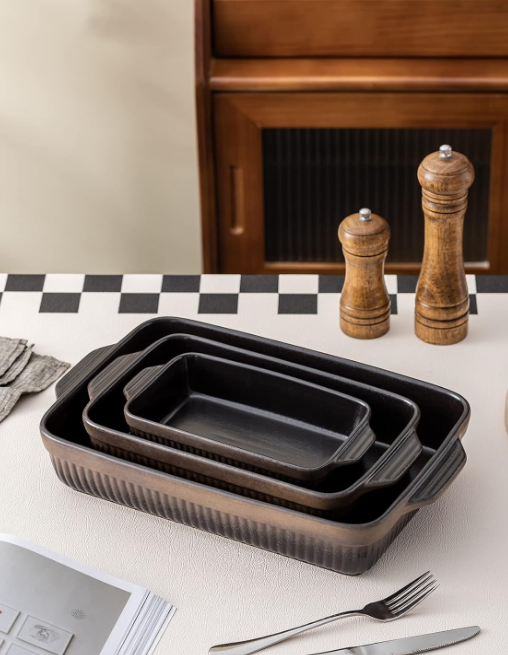 Ceramic Baking Dishes, Rectangular Lasagna Pans, Casserole Dishes, Bakeware Set for Cooking, Kitchen, Cake Dinner, 9 x 13 Inches, Stripe Series - Reactive Glazed (Matte Black)