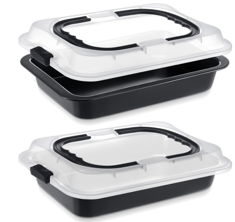 2 Pcs Cake Baking Pan with Lid and Handle, 9 x 13 Inch Non-stick Cake Pan, Rectangle Sheet Cake Pan Carrier for Sheet Cake Brownie Roasting Cooking Baking Pan and Lids Set