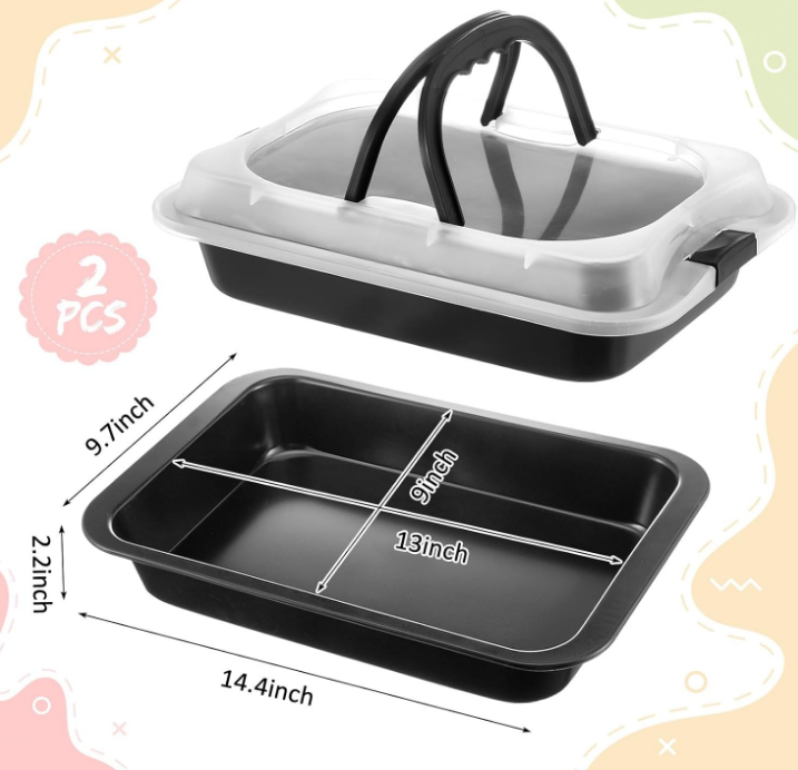 2 Pcs Cake Baking Pan with Lid and Handle, 9 x 13 Inch Non-stick Cake Pan, Rectangle Sheet Cake Pan Carrier for Sheet Cake Brownie Roasting Cooking Baking Pan and Lids Set