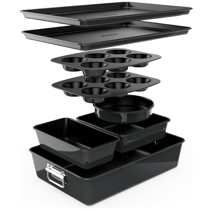 8-Piece Stackable Nonstick Bakeware Set - Premium Steel Baking Tray Set - Includes Round Cake Pan, 6-Cup Muffin Pans, Wide/Square Brownie & Loaf Pans, Cookie Sheet, & Roaster Pan (Black)