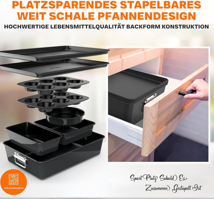 8-Piece Stackable Nonstick Bakeware Set - Premium Steel Baking Tray Set - Includes Round Cake Pan, 6-Cup Muffin Pans, Wide/Square Brownie & Loaf Pans, Cookie Sheet, & Roaster Pan (Black)