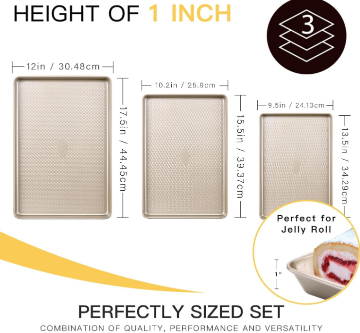  Baking Sheet Pan Set, Cookie Sheets for Oven, Nonstick Half/Quarter/Jelly Roll Pans with Diamond Texture Pattern, Heavy Duty Cookie Tray