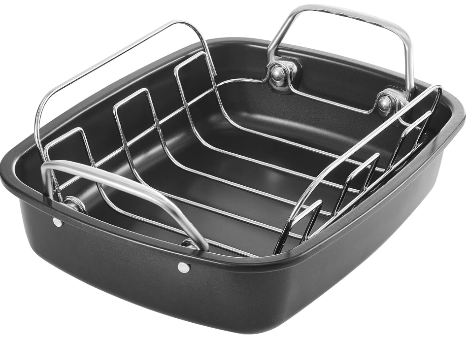 Nonstick Turkey Roasting Pan with Rack 17 x 14 inch - Large Chicken Roaster Pan for Oven - Wider Handles & Heavy Duty Construction - Suitable for 24lb Turkey, Gray