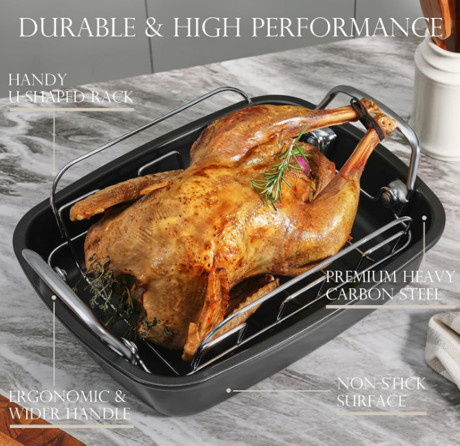 Nonstick Turkey Roasting Pan with Rack 17 x 14 inch - Large Chicken Roaster Pan for Oven - Wider Handles & Heavy Duty Construction - Suitable for 24lb Turkey, Gray