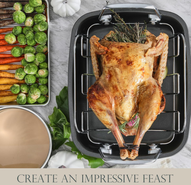 Nonstick Turkey Roasting Pan with Rack 17 x 14 inch - Large Chicken Roaster Pan for Oven - Wider Handles & Heavy Duty Construction - Suitable for 24lb Turkey, Gray