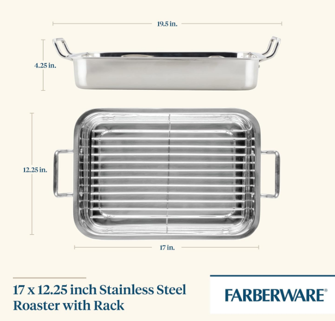Classic Traditions Stainless Steel Roaster/Roasting Pan with Rack, 17 Inch x 12.25 Inch