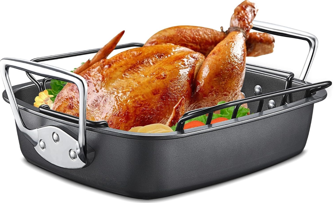 Nonstick Turkey Roasting Pan with Rack, 19 x 14.5 Inch Large Chicken Roaster Pan for Oven, Suitable for 25lb Turkey, Heavy Duty, Dark Grey