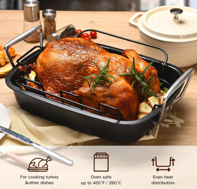 Nonstick Turkey Roasting Pan with Rack, 19 x 14.5 Inch Large Chicken Roaster Pan for Oven, Suitable for 25lb Turkey, Heavy Duty, Dark Grey