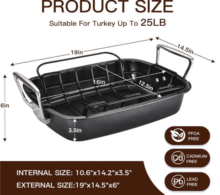 Nonstick Turkey Roasting Pan with Rack, 19 x 14.5 Inch Large Chicken Roaster Pan for Oven, Suitable for 25lb Turkey, Heavy Duty, Dark Grey