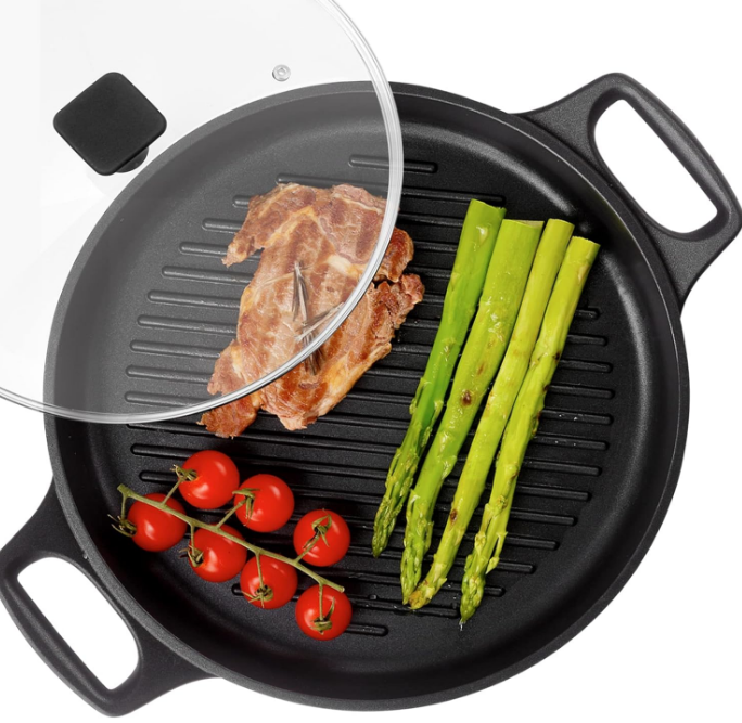 Cast Aluminum Griddle Pan for Stovetop with Lid - Lighter than Cast Iron Skillet,Round Frying Pans Nonstick Grill Pan Dishwasher & Oven Safe,12IN