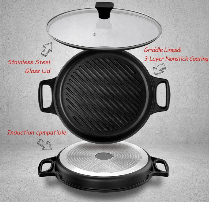 Cast Aluminum Griddle Pan for Stovetop with Lid - Lighter than Cast Iron Skillet,Round Frying Pans Nonstick Grill Pan Dishwasher & Oven Safe,12IN