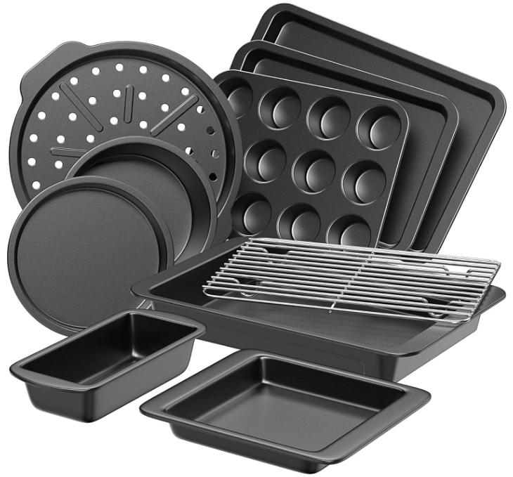 Bakeware Sets, Baking Pans Set, Nonstick Oven Pan for Kitchen with Wider Grips, 10 Pieces Including Rack, Cookie Sheet, Cake Pans, Loaf Pan, Muffin Pan, Pizza Pan - Grey