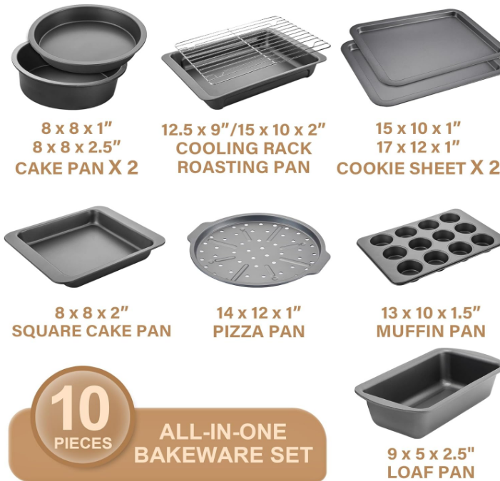 Bakeware Sets, Baking Pans Set, Nonstick Oven Pan for Kitchen with Wider Grips, 10 Pieces Including Rack, Cookie Sheet, Cake Pans, Loaf Pan, Muffin Pan, Pizza Pan - Grey